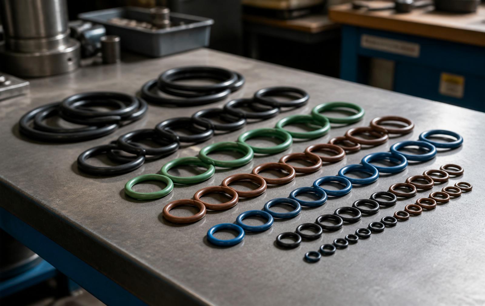 Colour-coded elastomer O-rings arranged on a workshop bench
