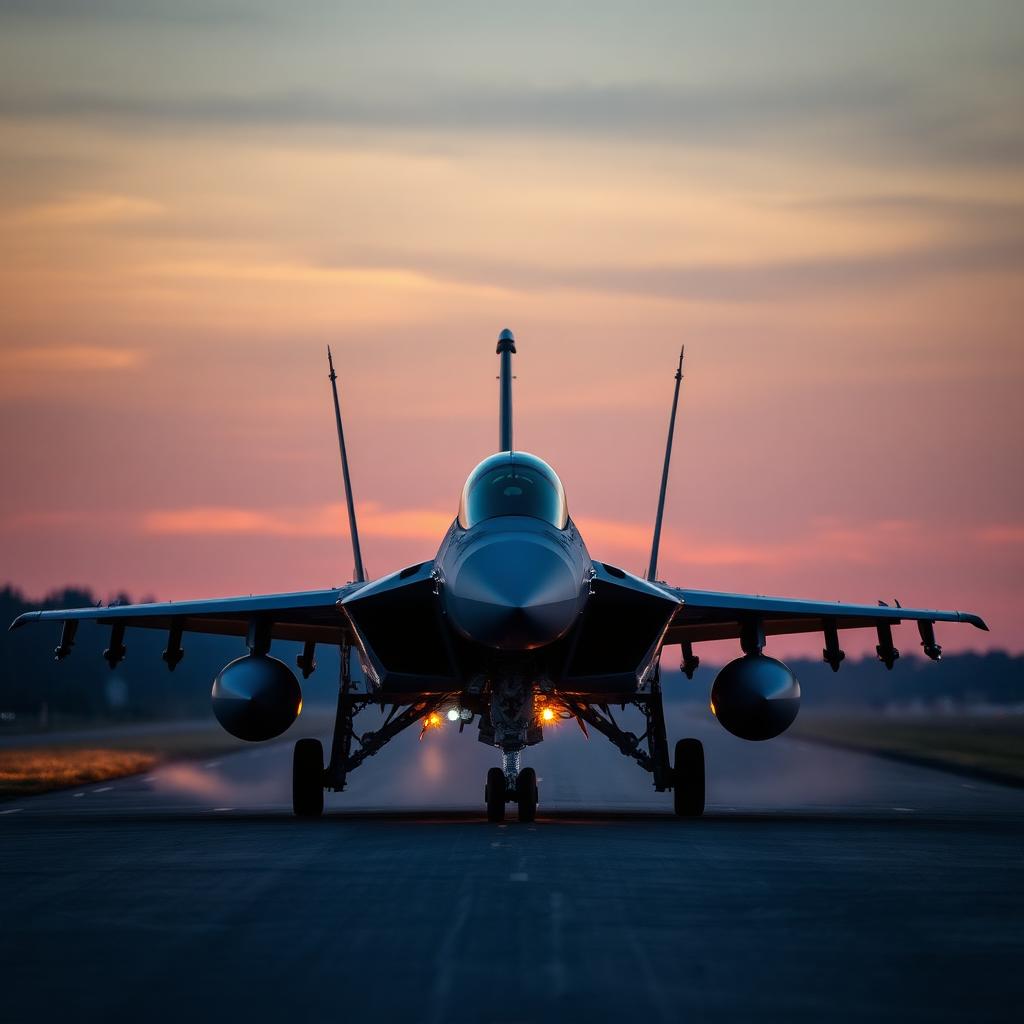 Military jet on runway at dusk