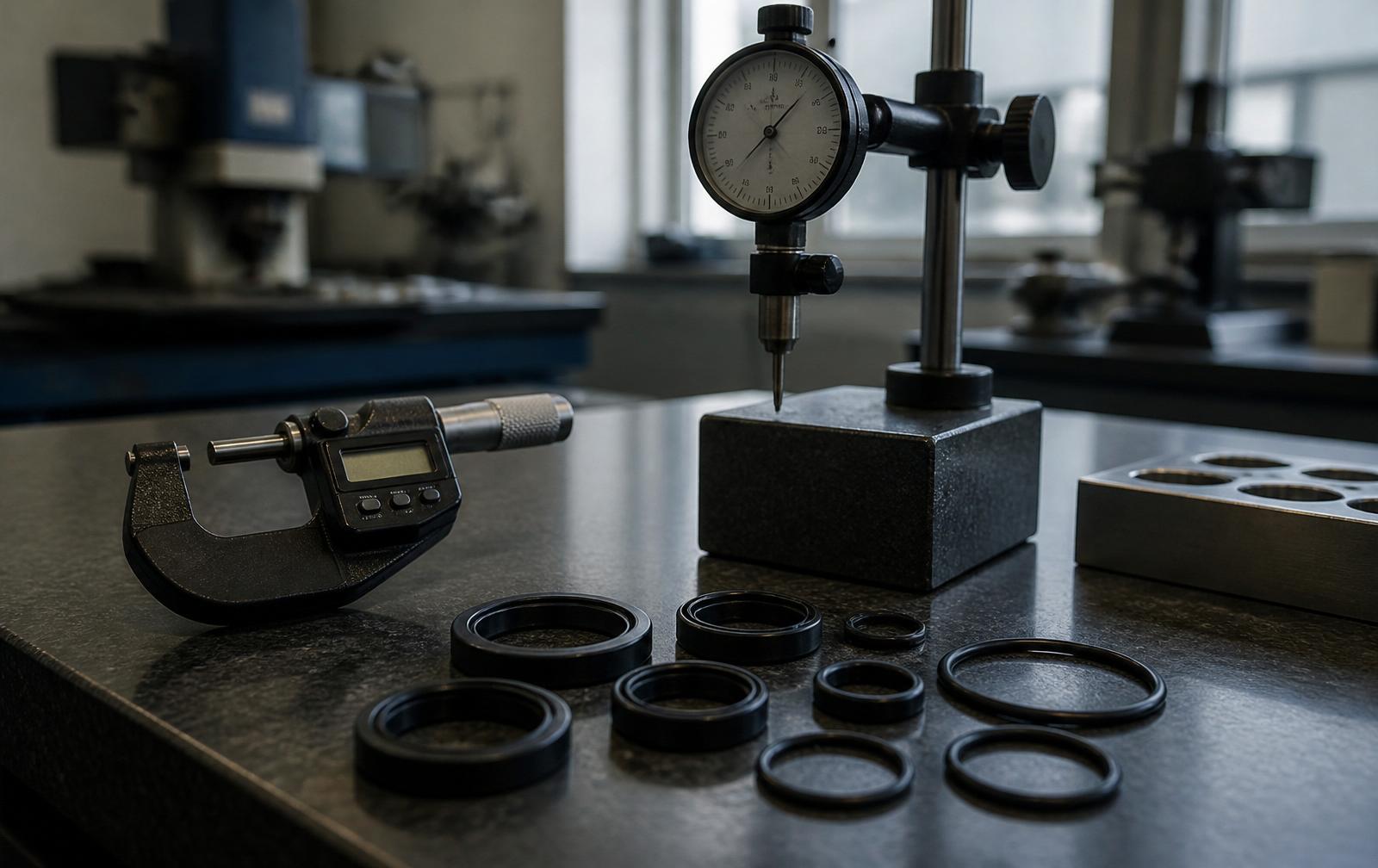 Precision metrology instruments and moulded rubber sealing components on a granite inspection bench