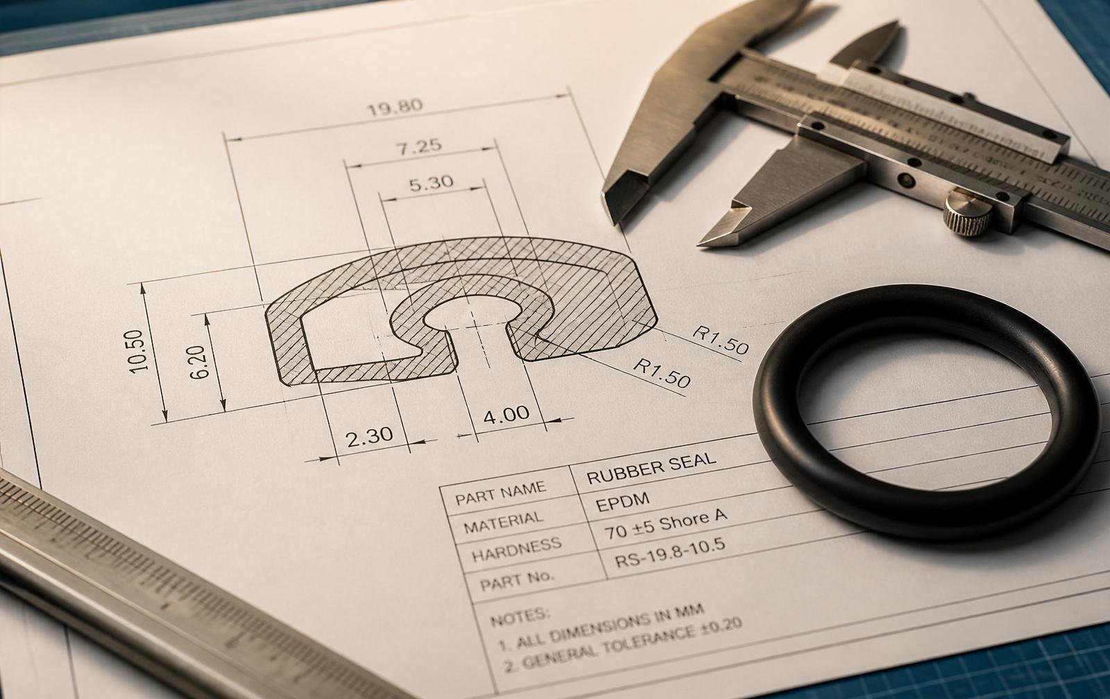 Engineering drawing, calipers and a moulded rubber sample on a workshop desk