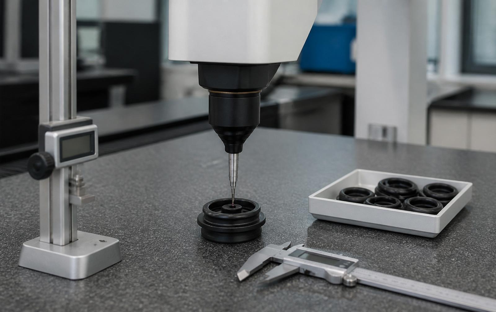 CMM probe measuring a moulded component on a granite surface plate