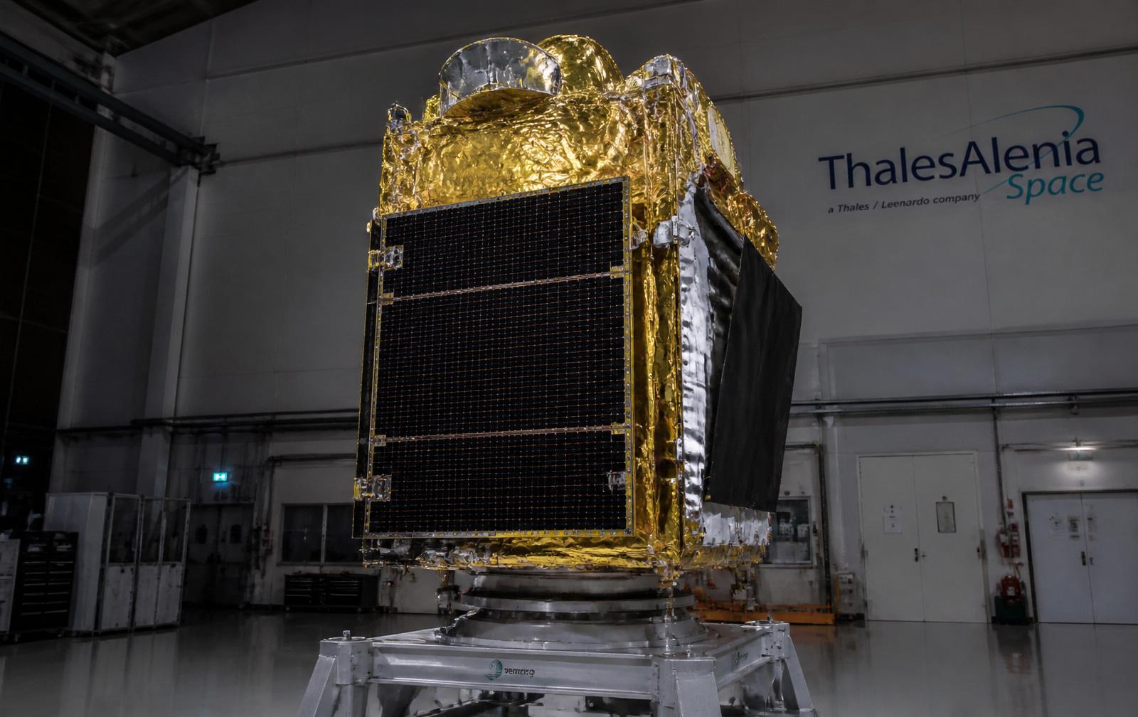 Satellite being prepared in a clean assembly hall