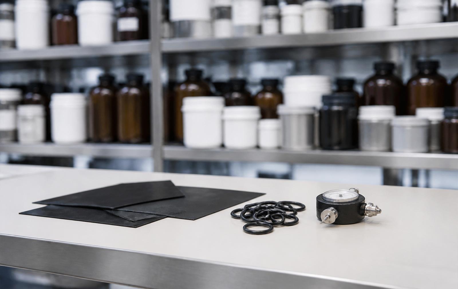 Raw compound ingredients and rubber test sheets on a laboratory bench