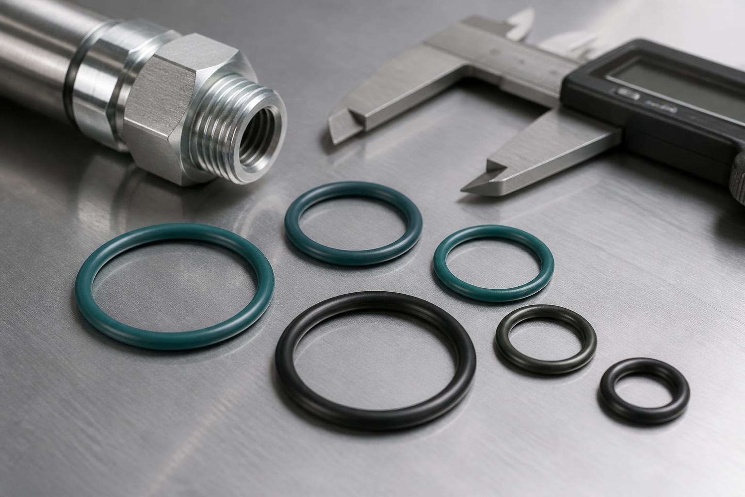 Aerospace-grade fluorosilicone and nitrile O-rings on an inspection bench with a hydraulic fitting and digital calipers