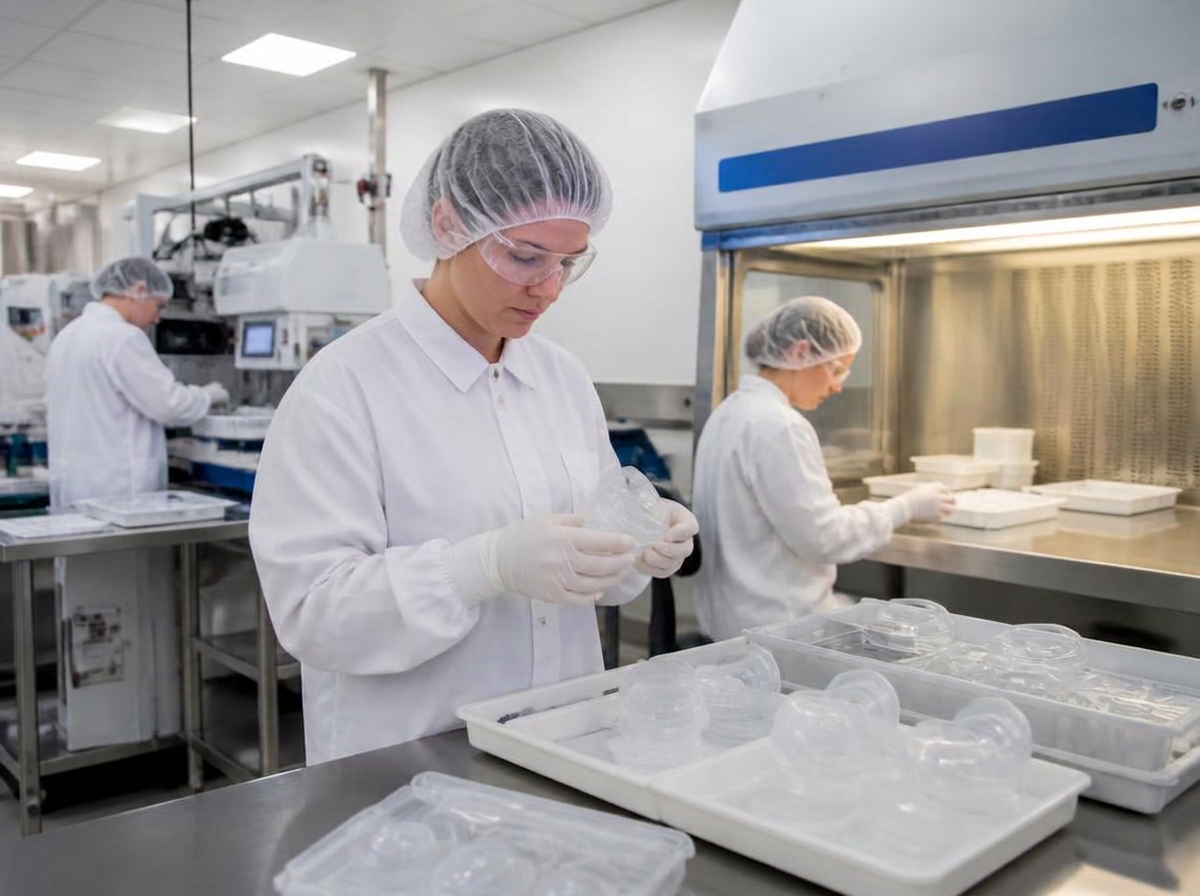 Technician inspecting precision medical silicone components in a controlled cleanroom manufacturing environment