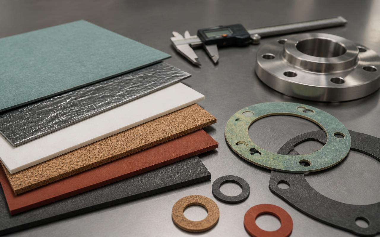 Sheets of gasket material including compressed fibre, graphite, PTFE, cork-rubber and silicone sponge alongside finished cut gaskets and a steel flange